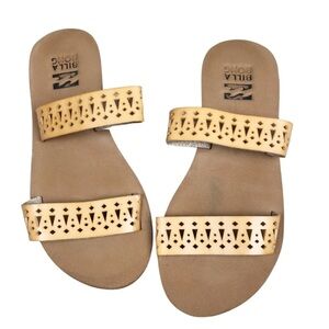 Billabong Womens Tan Laser Cut Double Strap Slip On Flat Sandals